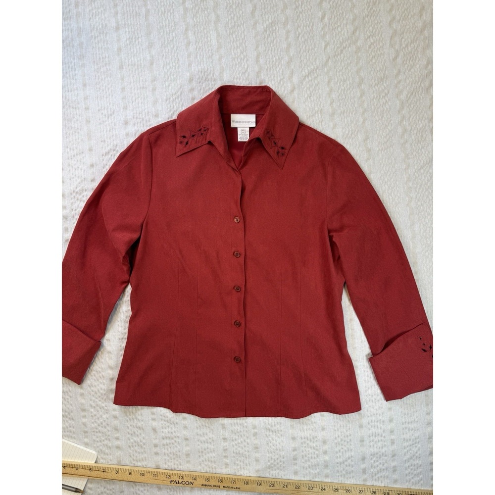Worthington Red Faux Suede Blouse‎ Womens Small Embroidered Collar